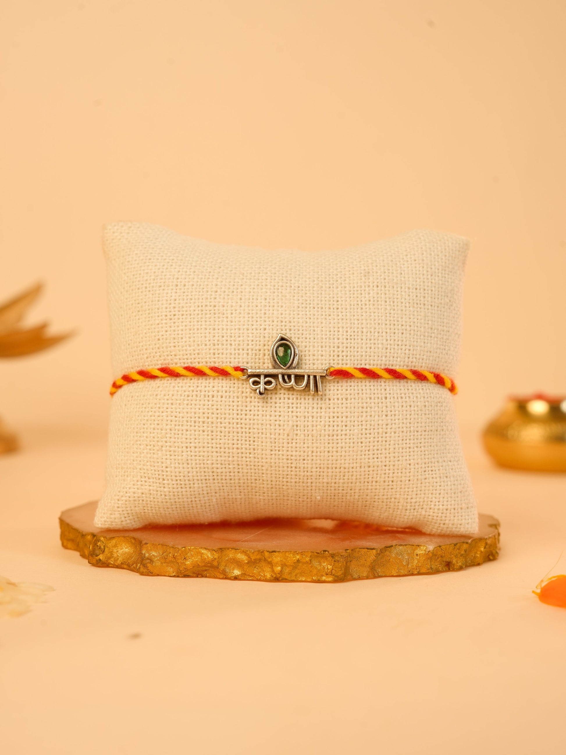 Krishna Name Green Stone Charm Rakhi