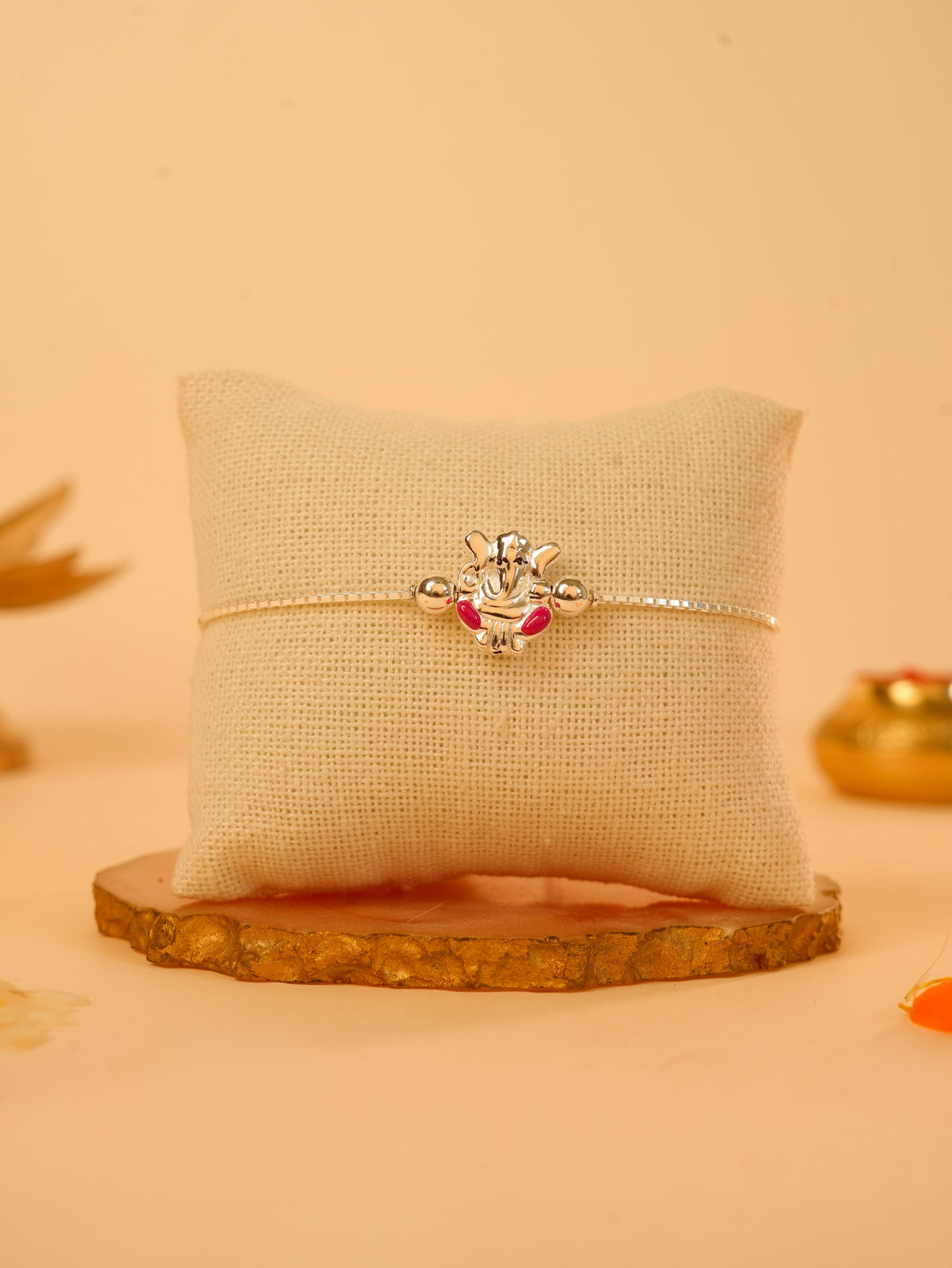 Silver Ganesha Chain Bracelet Rakhi - Pink Accent