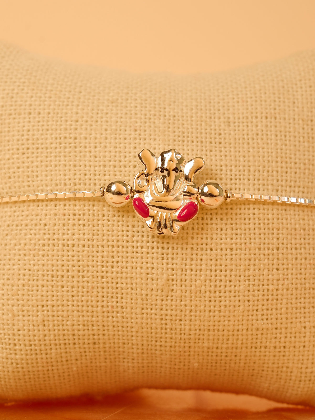 Silver Ganesha Chain Bracelet Rakhi - Pink Accent