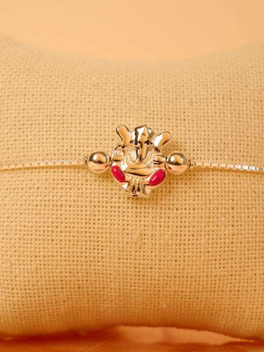 Silver Ganesha Chain Bracelet Rakhi - Pink Accent