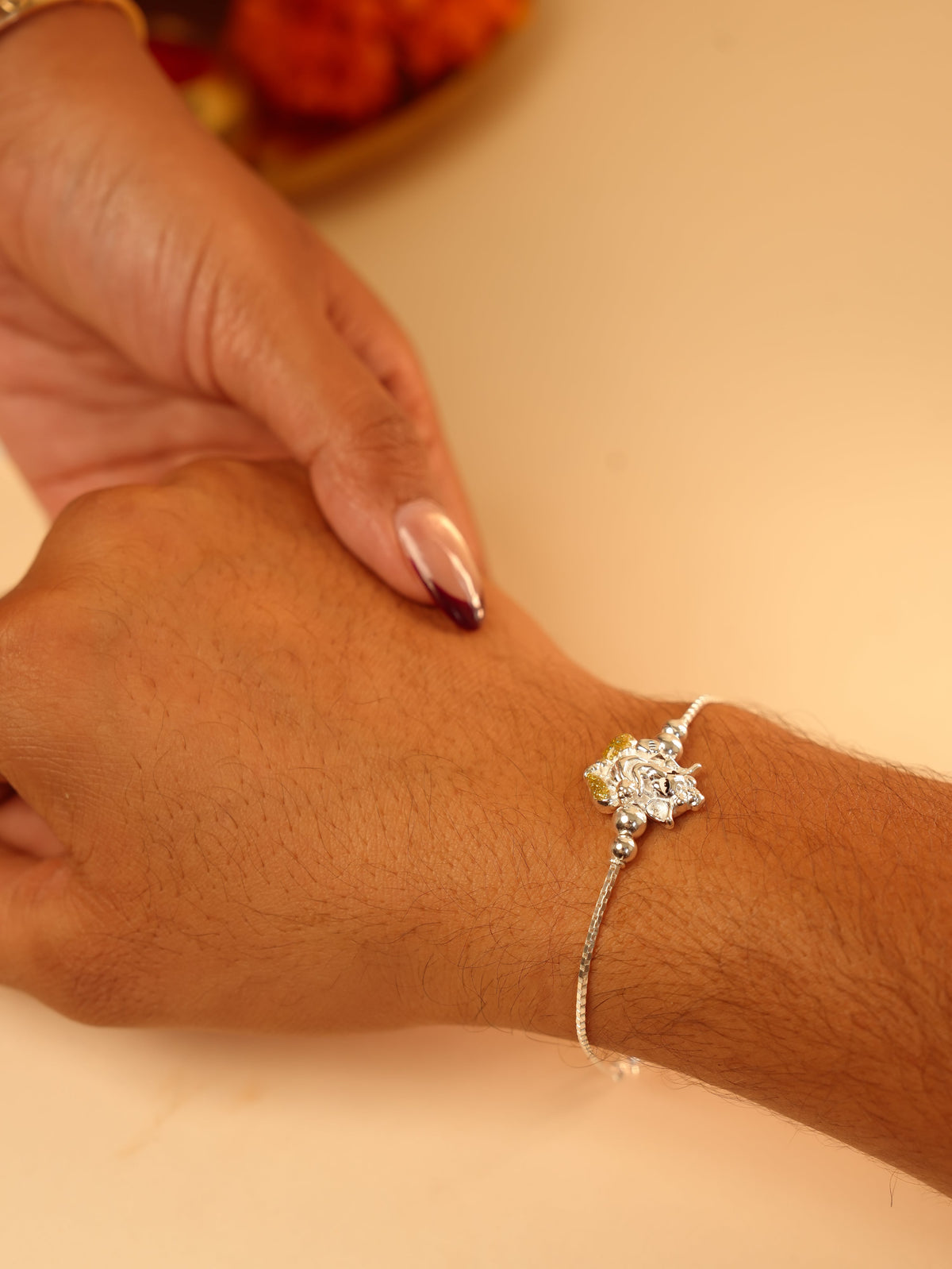 Silver Ganesha Chain Bracelet Rakhi - Mustard Accent