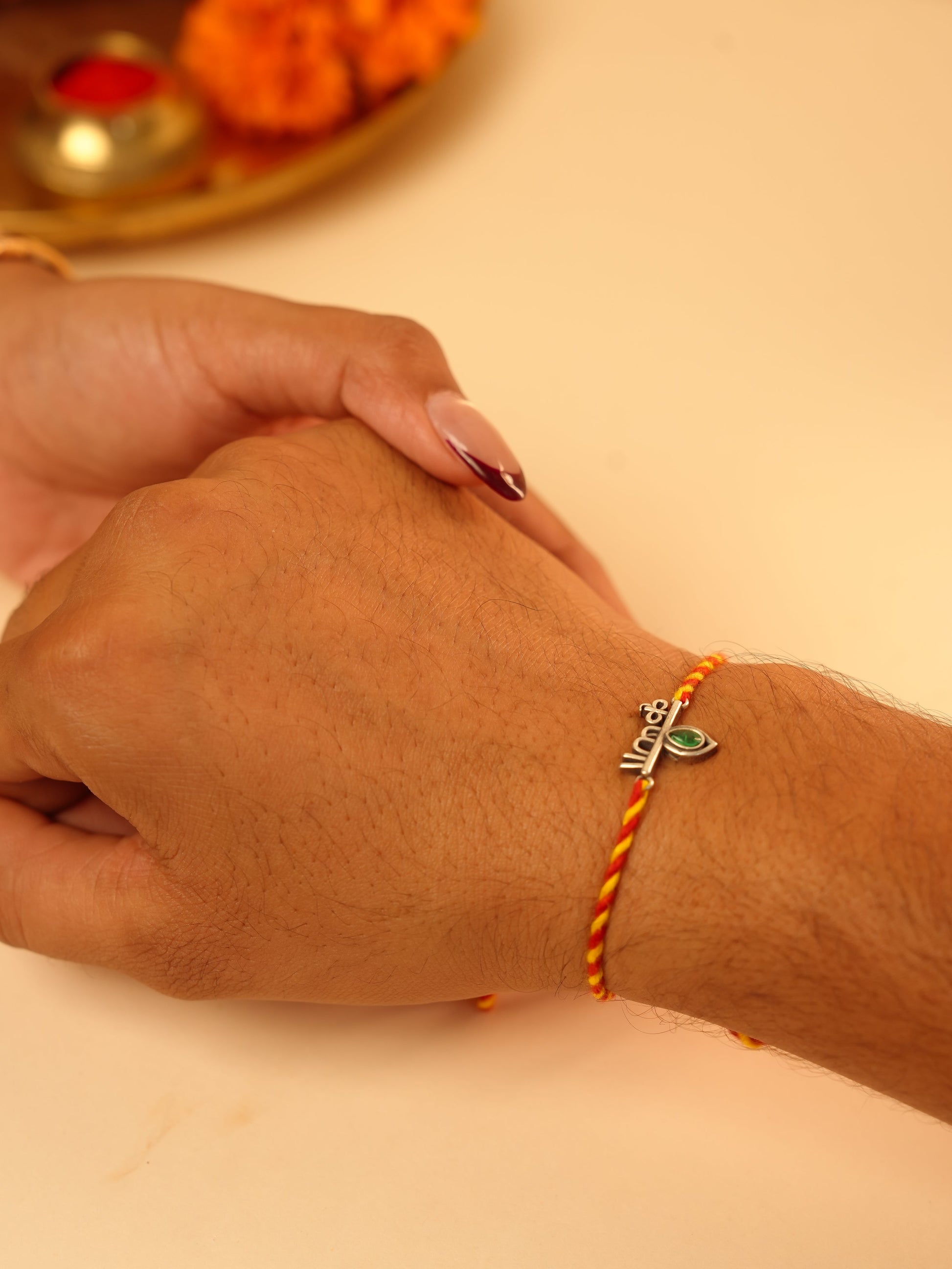 Krishna Name Green Stone Charm Rakhi