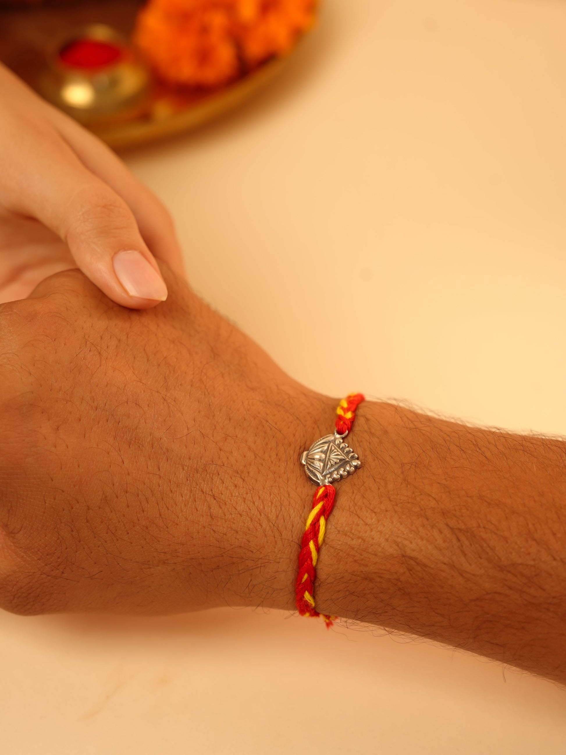 Silver Diamond Engraved Charm Rakhi