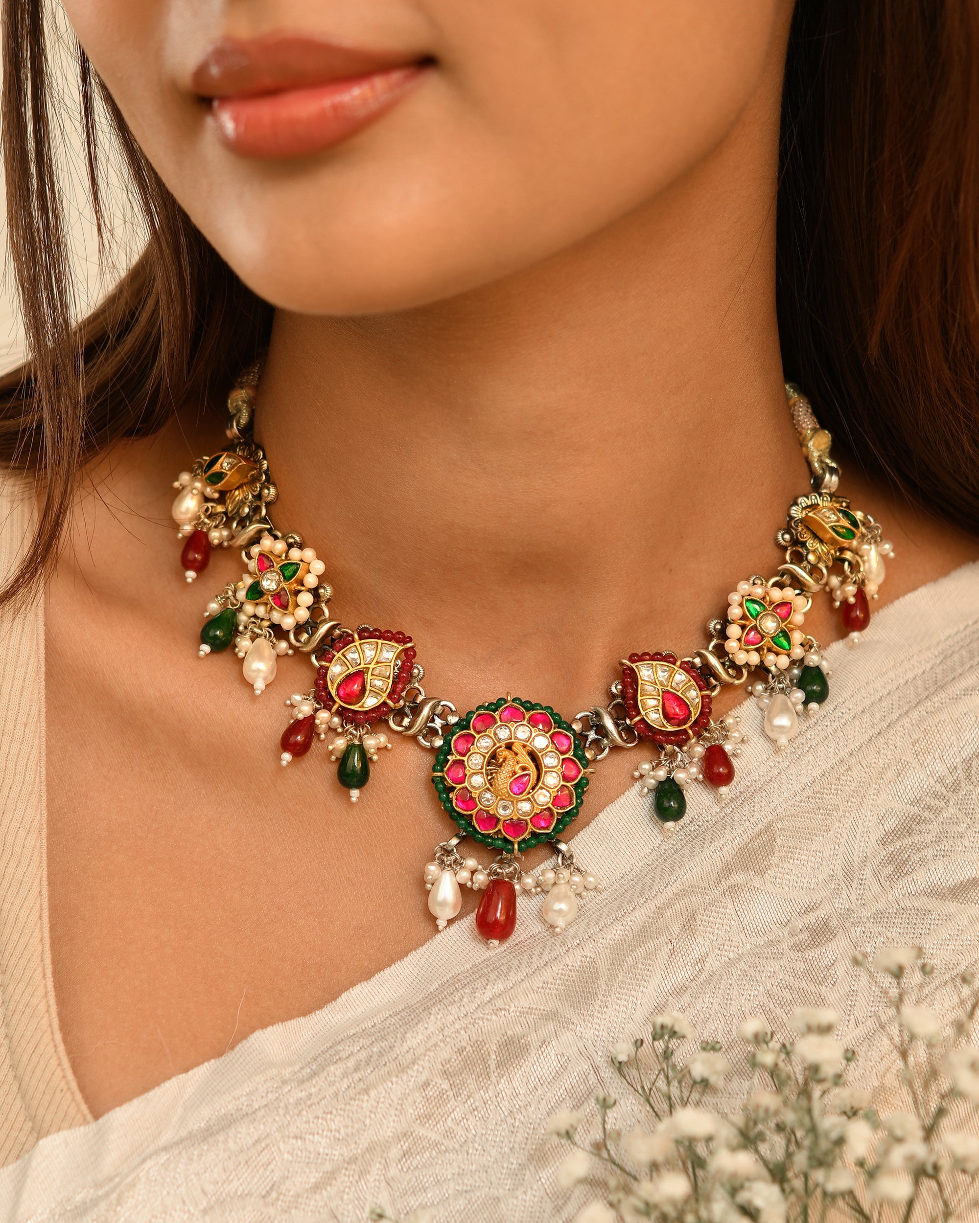 Rajwadi Kundan Floral Dori Necklace Set