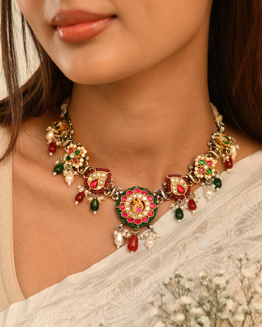 Rajwadi Kundan Floral Dori Necklace Set ( With Earrings)
