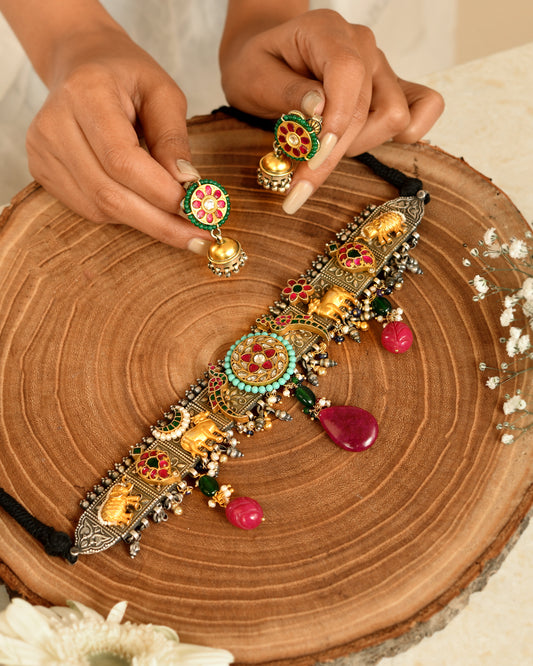 Rajwada Elephant Heritage Choker Set (With Earrings)