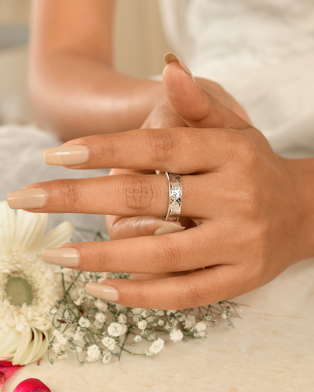 Floral Scroll Silver Band Ring