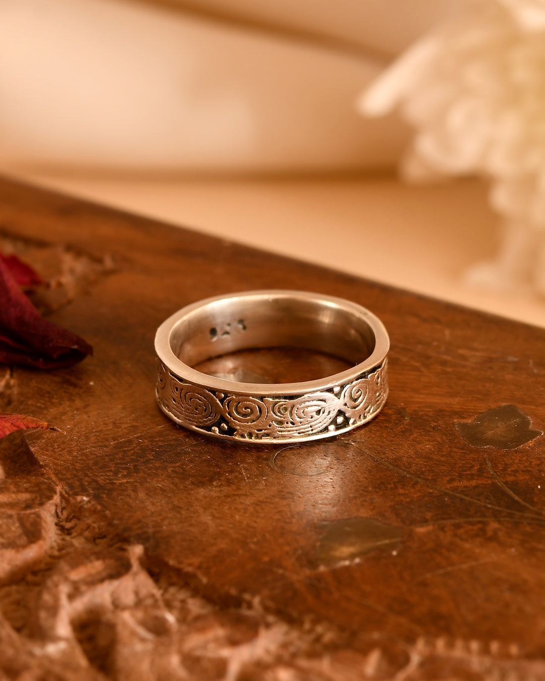 Floral Scroll Silver Band Ring