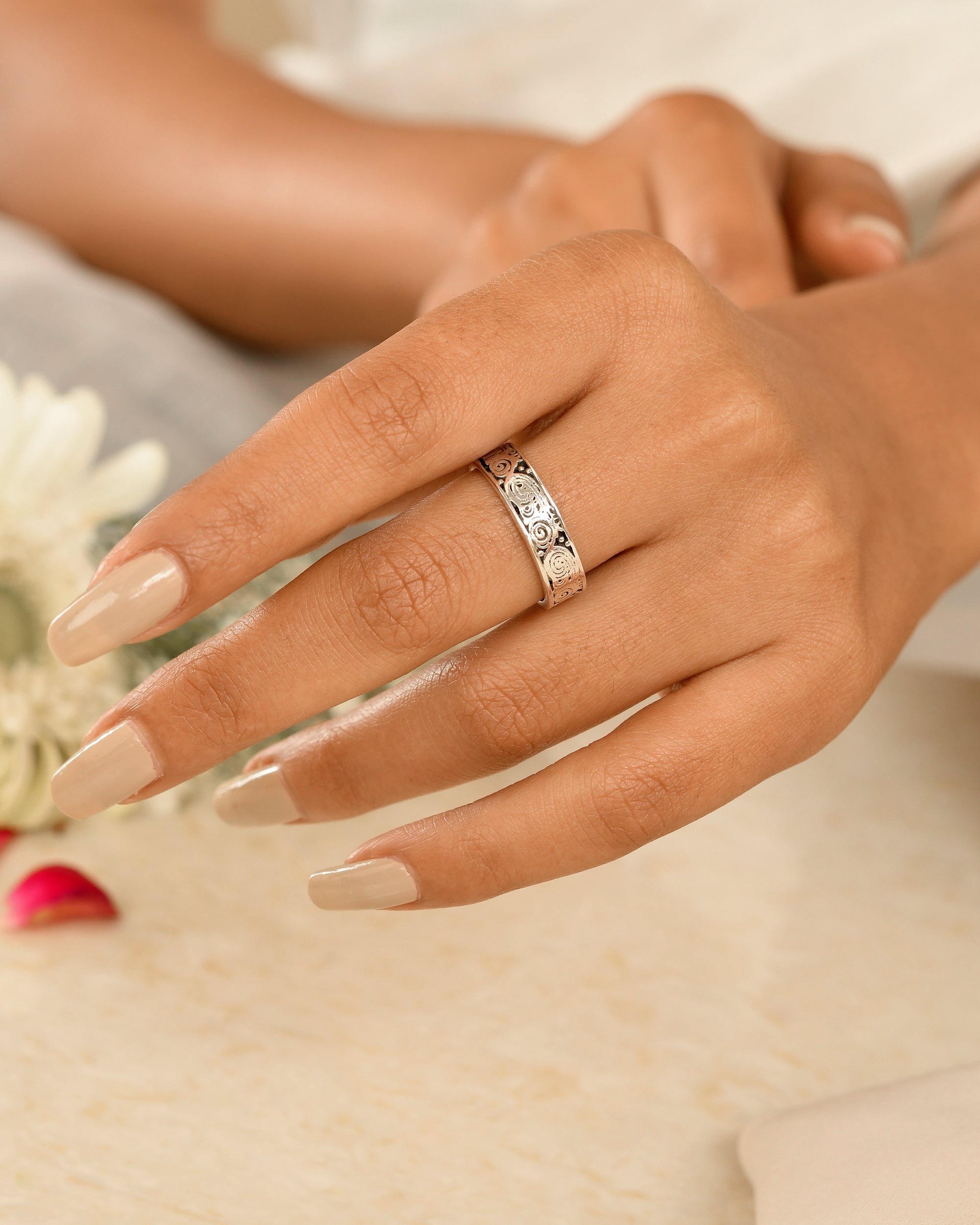 Floral Scroll Silver Band Ring