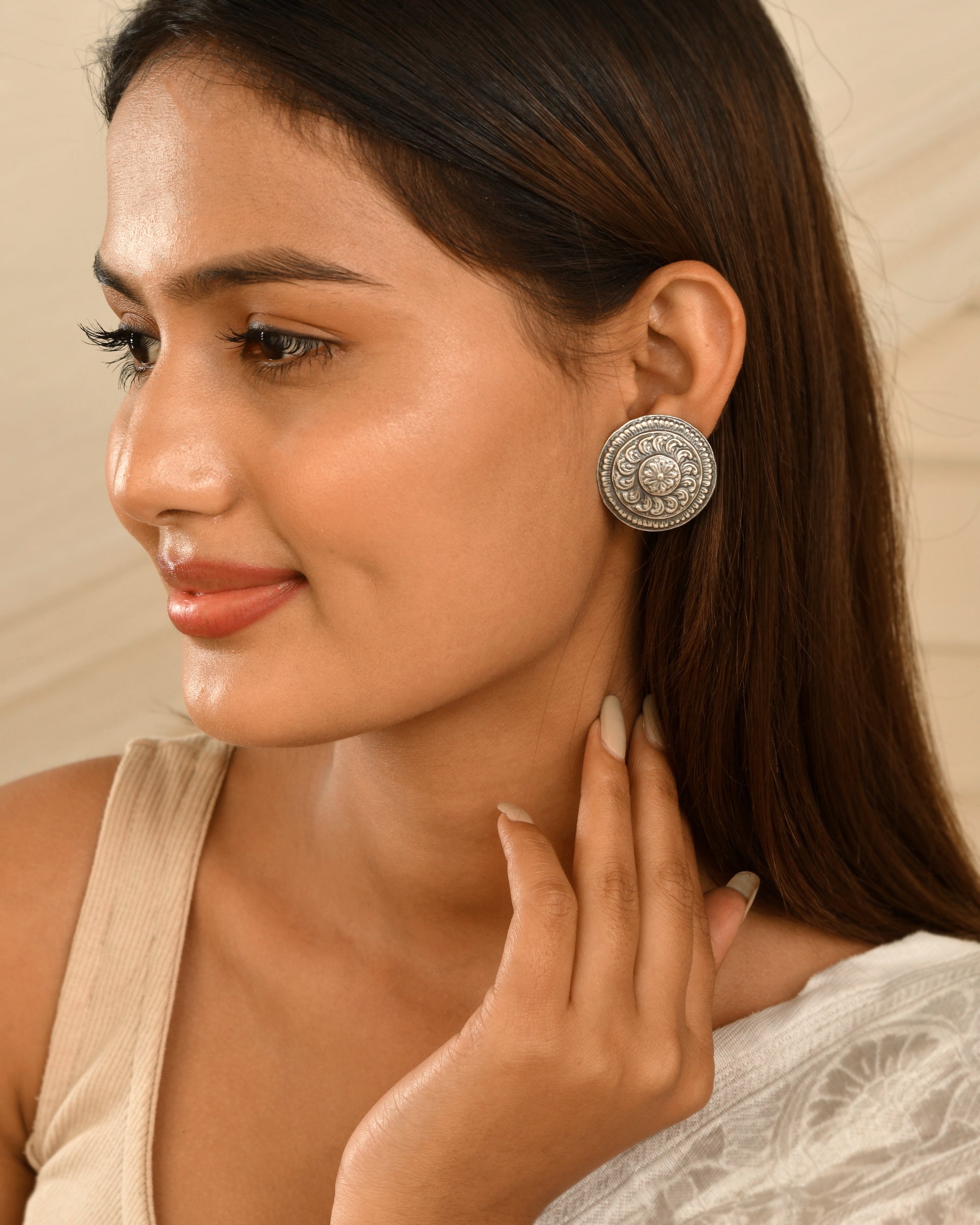Heritage Medallion Silver Stud Earrings