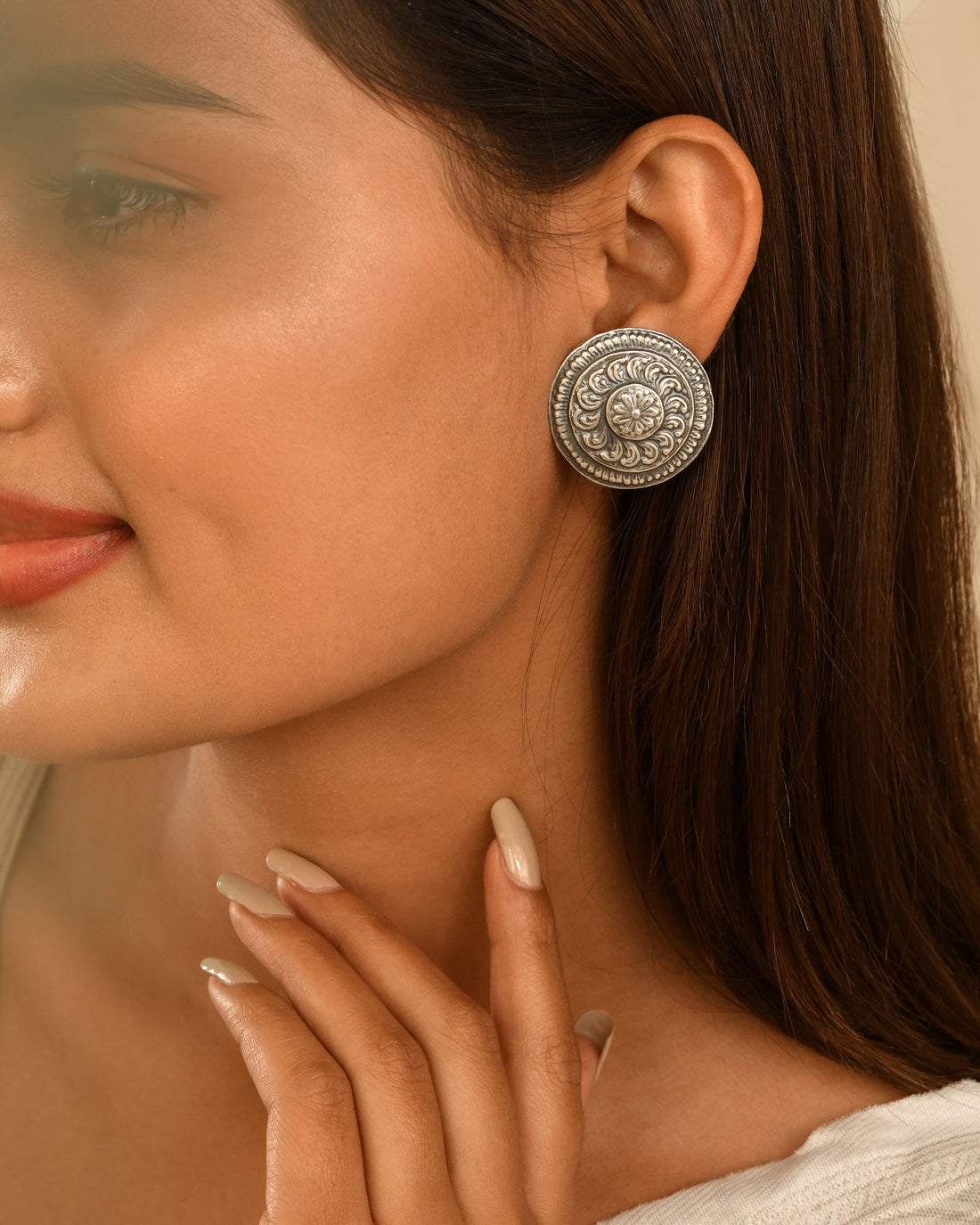 Heritage Medallion Silver Stud Earrings
