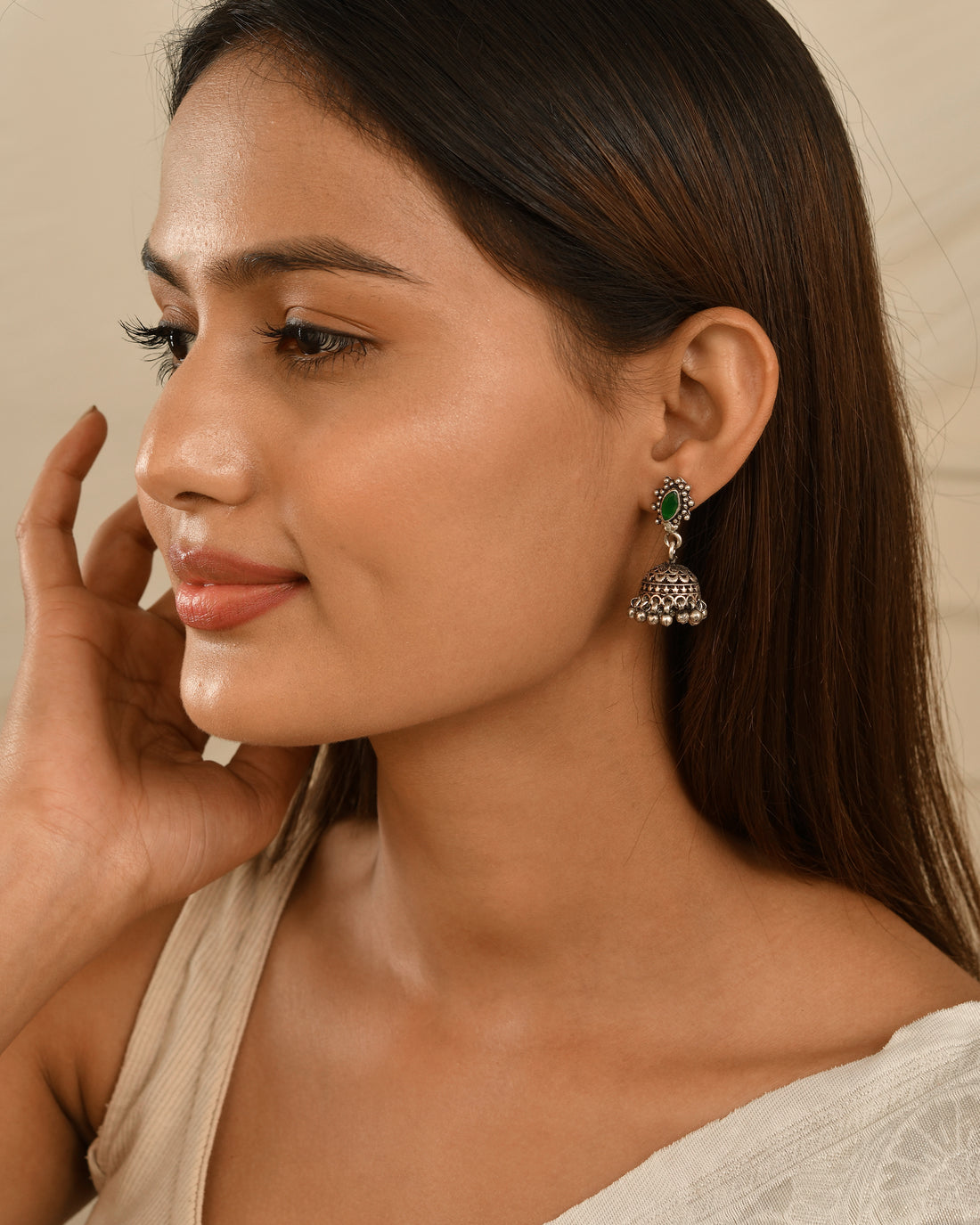 Emerald Jhumki Silver Earrings