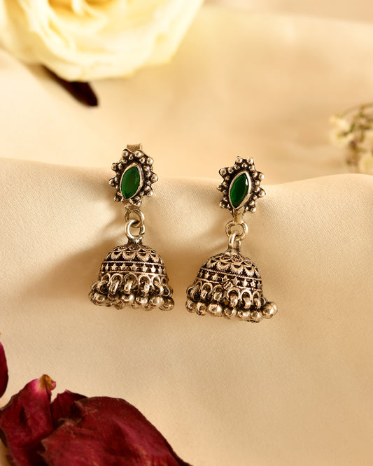 Emerald Jhumki Silver Earrings