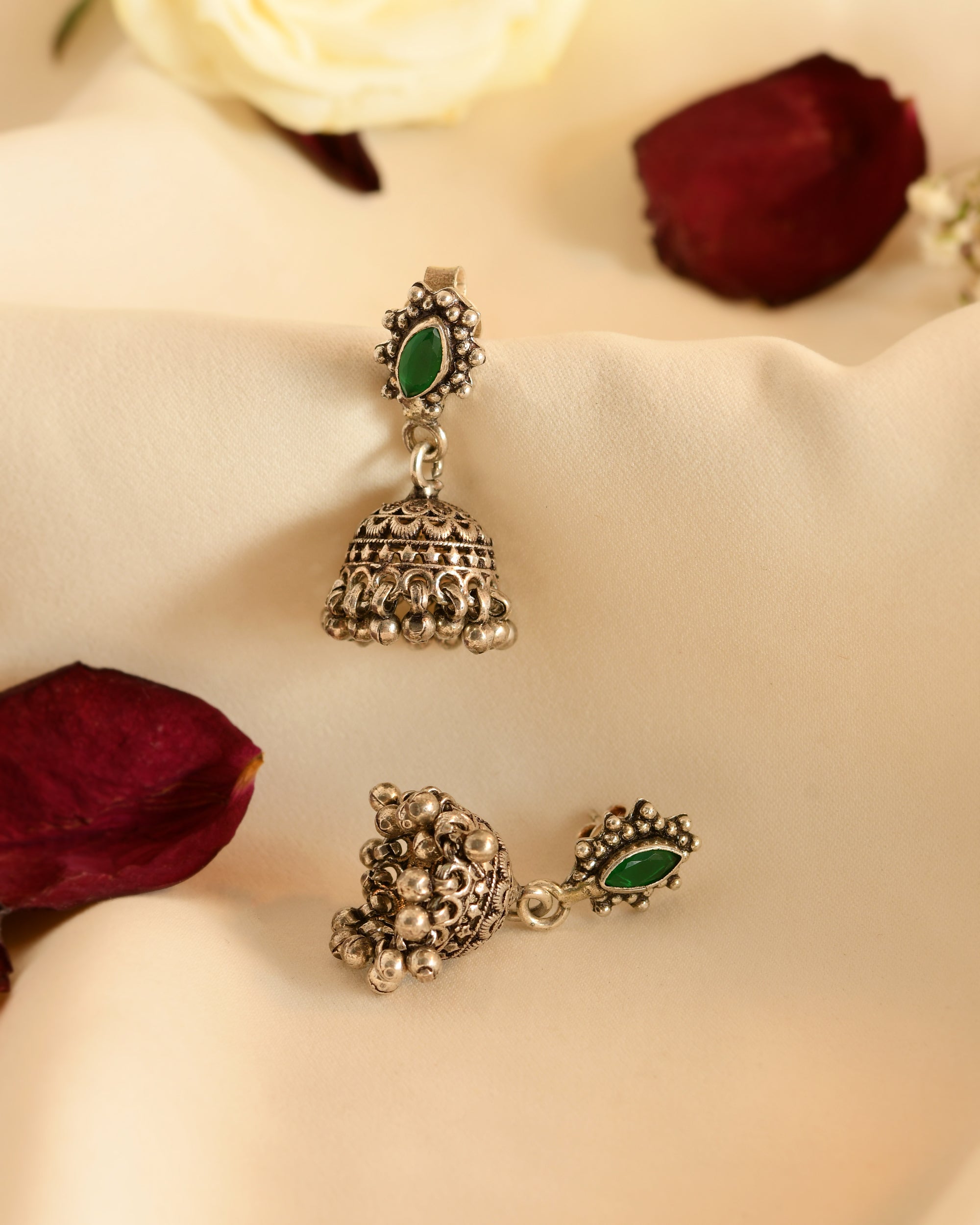 Emerald Jhumki Silver Earrings