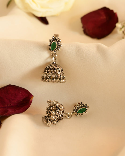 Emerald Jhumki Silver Earrings