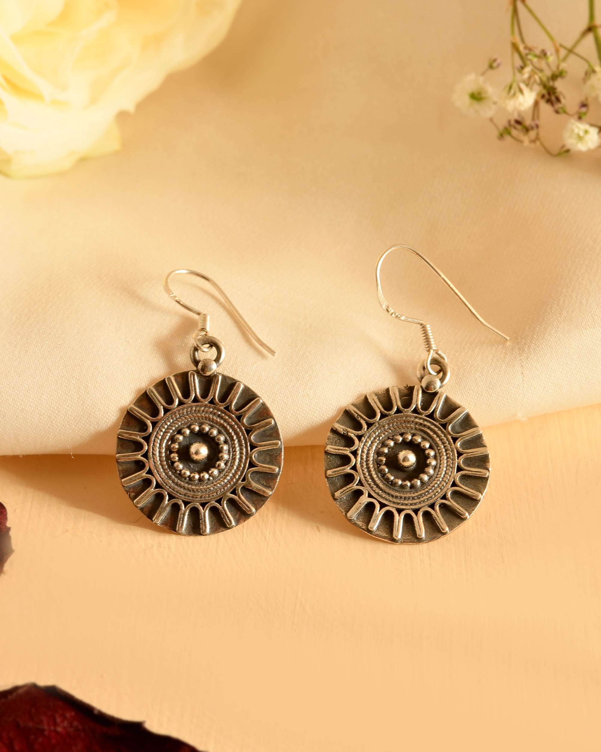 Vintage Sun Disc Silver Earrings