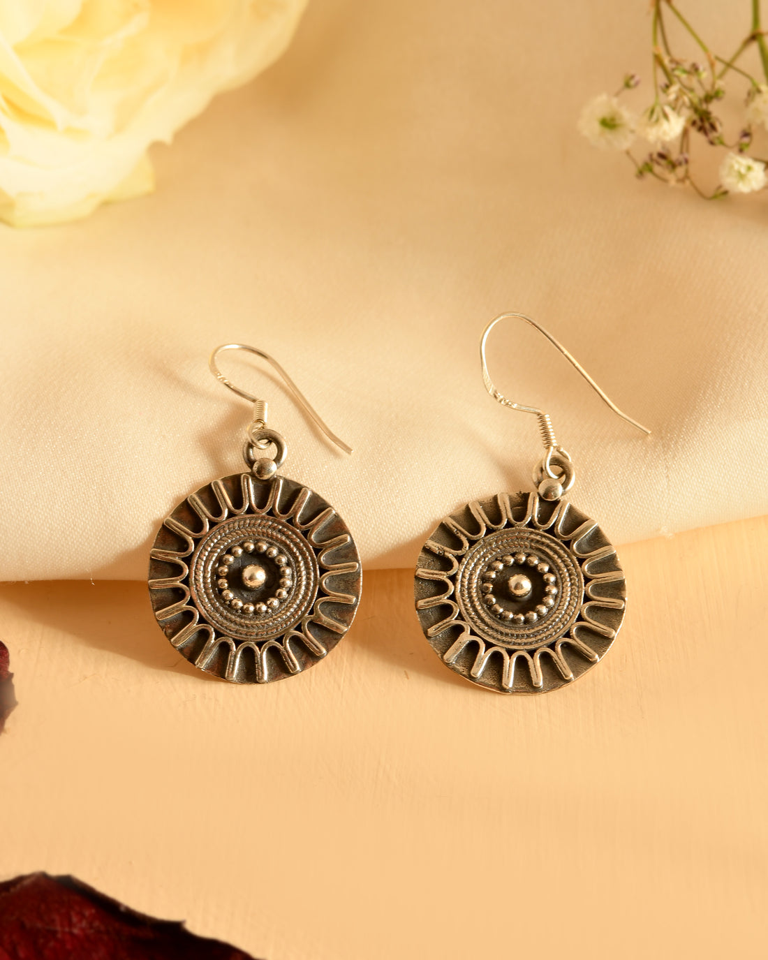 Vintage Sun Disc Silver Earrings