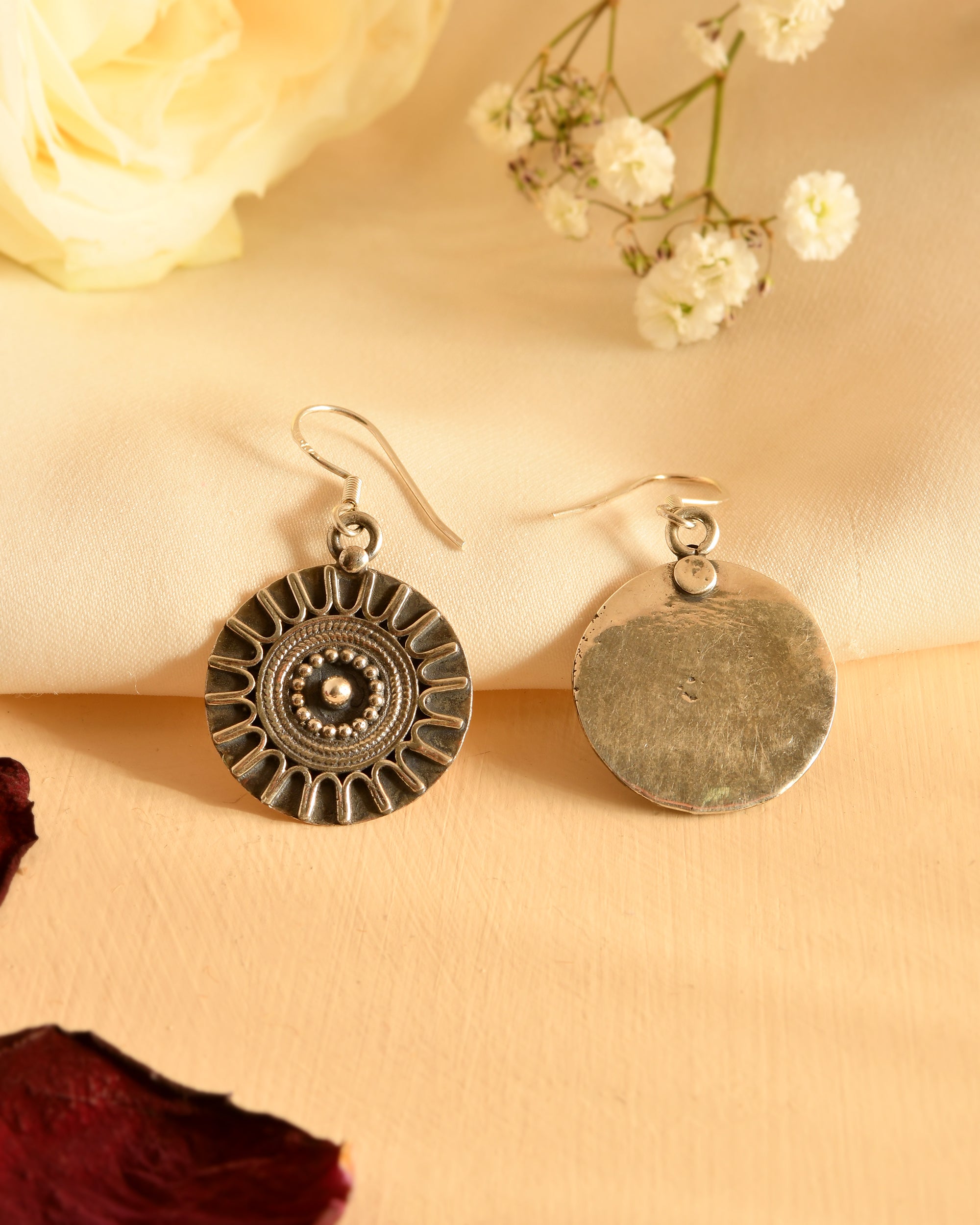 Vintage Sun Disc Silver Earrings
