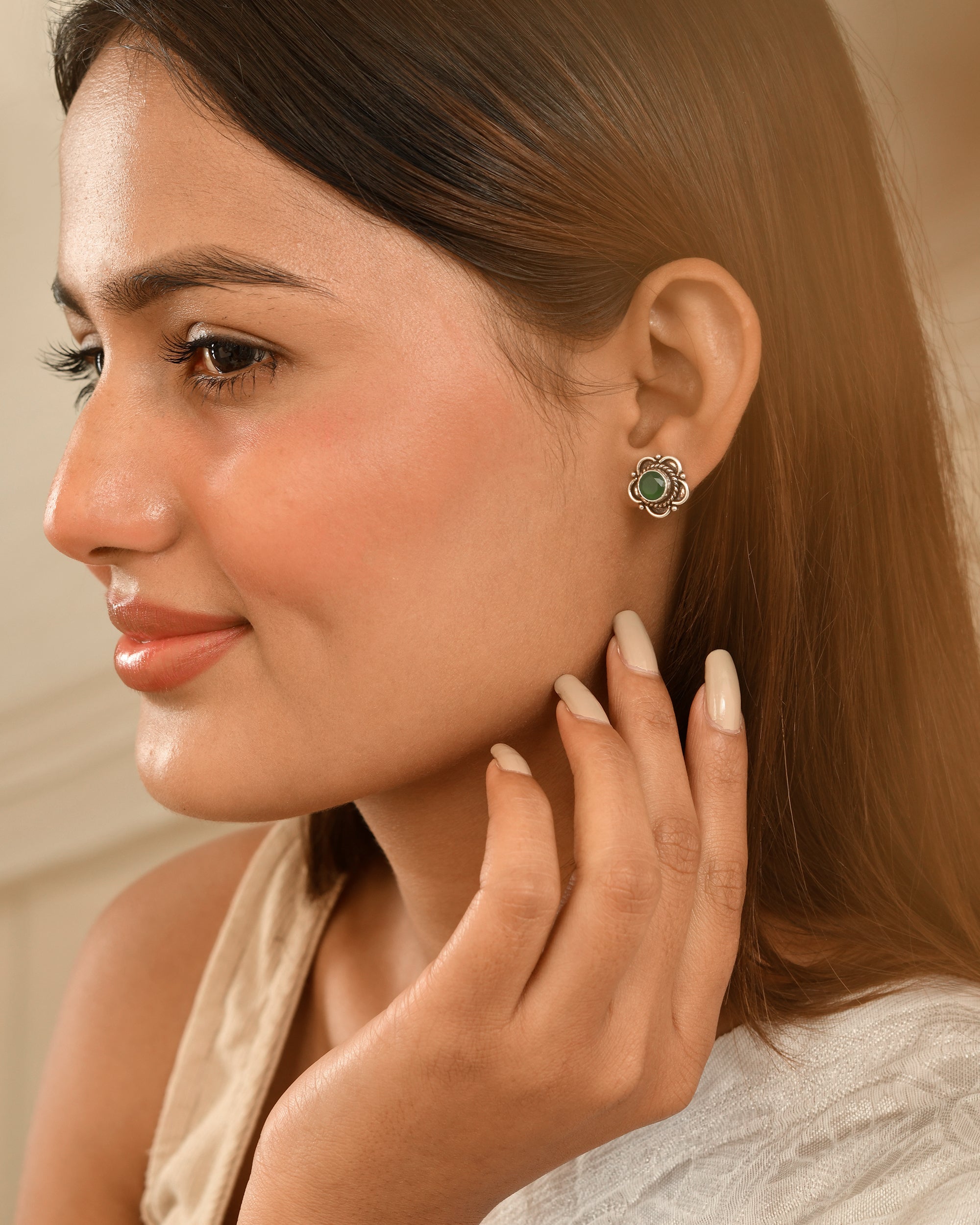 Emerald Bloom Silver Stud Earrings