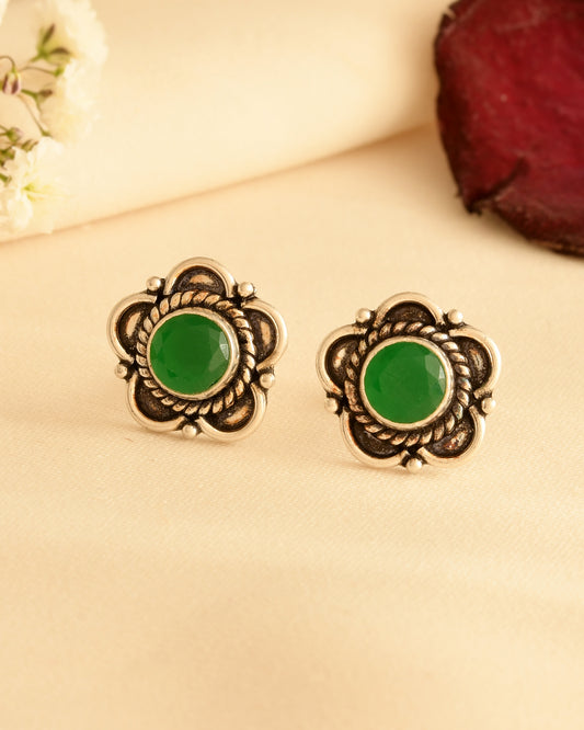 Emerald Bloom Silver Stud Earrings