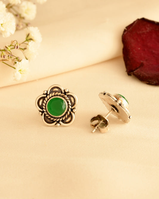 Emerald Bloom Silver Stud Earrings