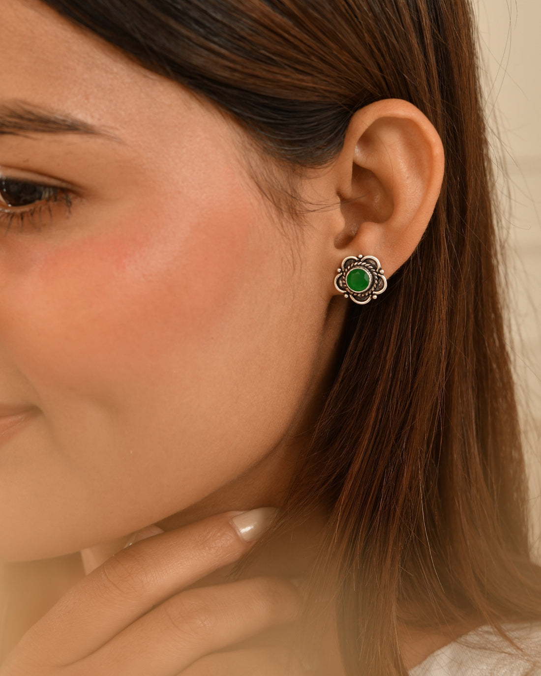 Emerald Bloom Silver Stud Earrings