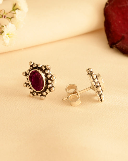 Ruby Blossom Silver Stud Earrings