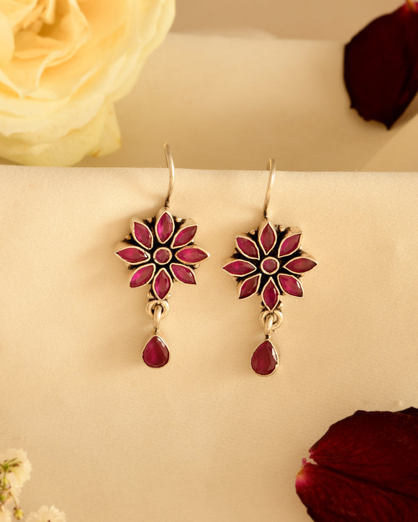 Ruby Blossom Silver Earrings