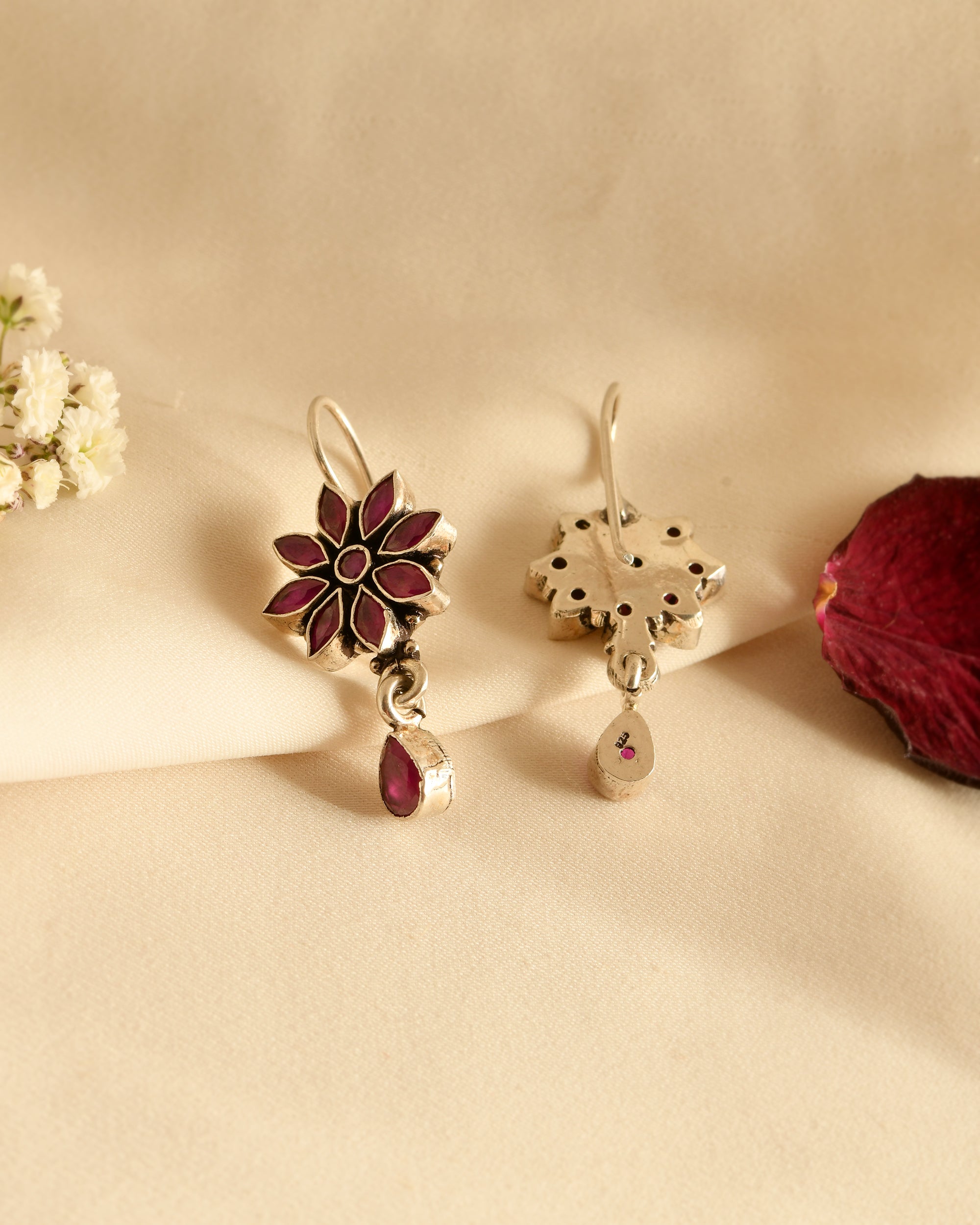 Ruby Blossom Silver Earrings