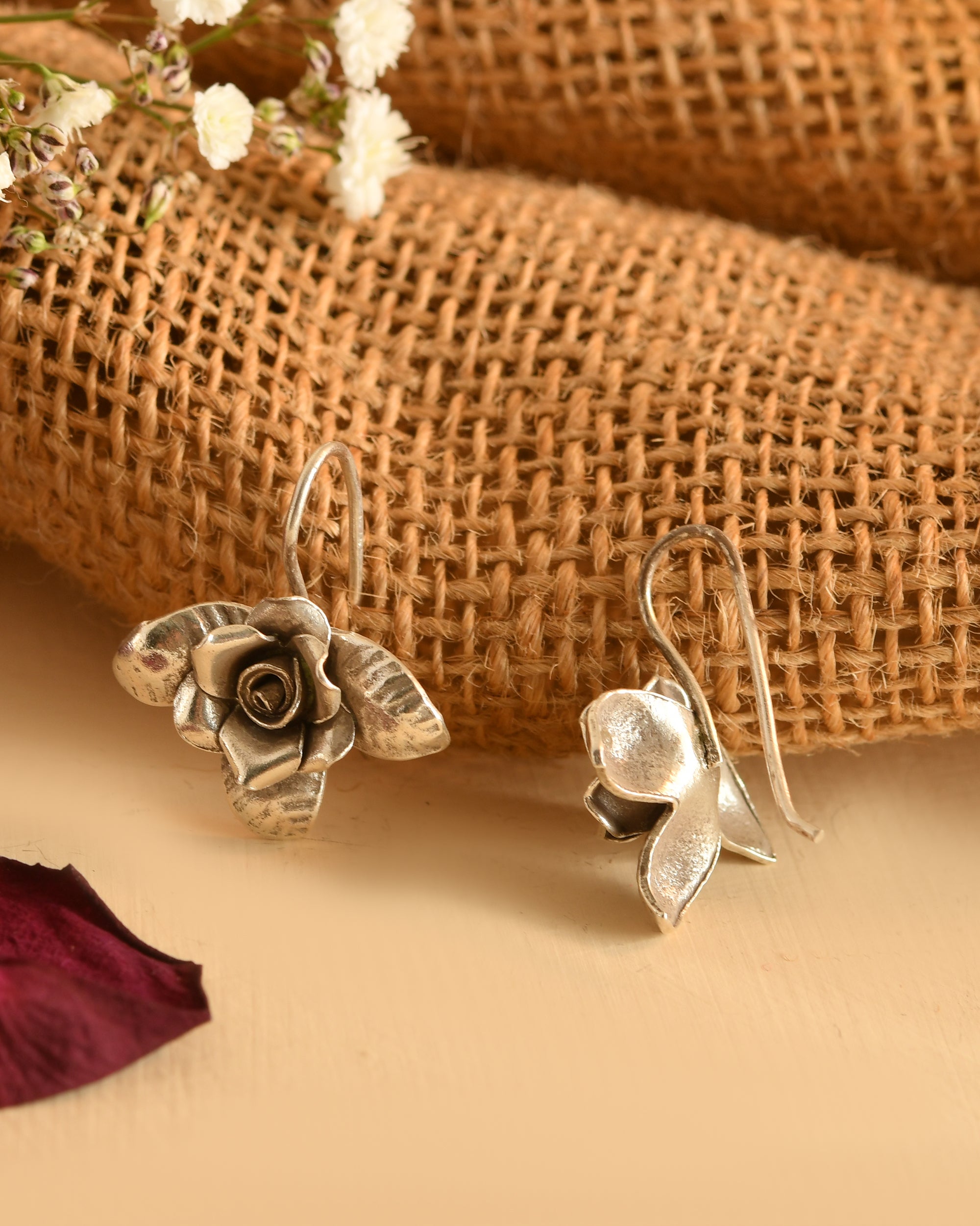 Rosebud Leaf Silver Earrings
