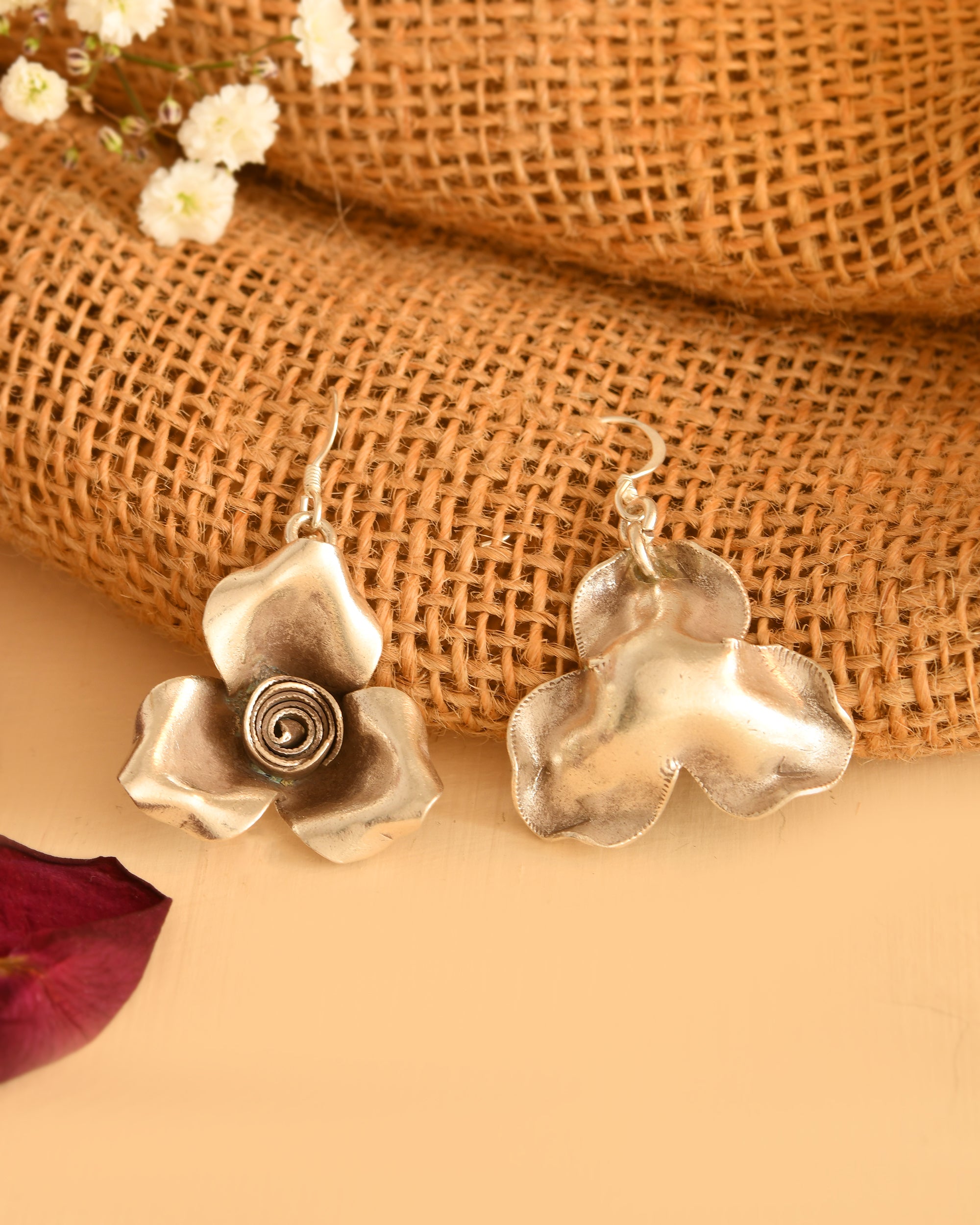 Rose Petal Silver Earrings
